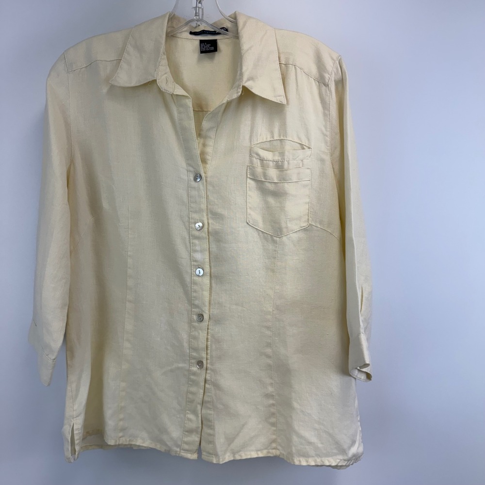 Saint Tropez West Womens 100% Linen Button Up Shirt Pale Yellow 3/4 Sleeve L